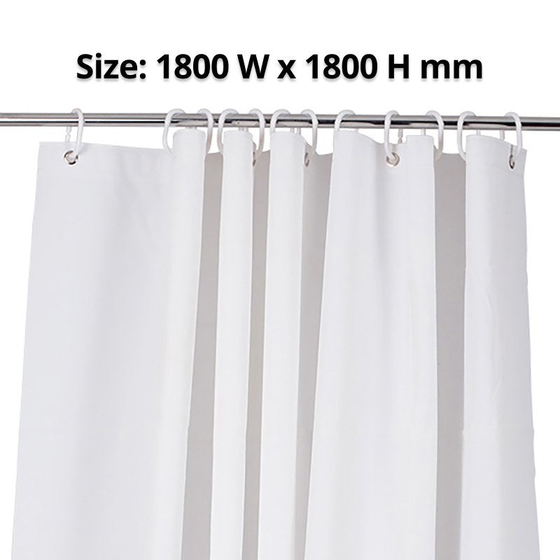 Weatherdon graphic of the white shower curtain on its rail with the caption Size 1800 W x 1800 H mm