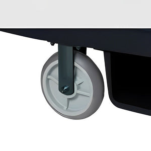 Close view of the Compass 722430FW grey PVC fixed wheel in a straight bracket without a brake, under a black trolley base