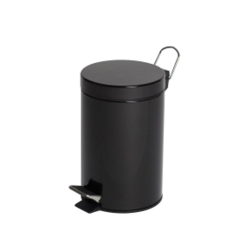Compass 76990301 small round pedal bin in gloss black on white, with a domed lid, a looped handle at the back and a foot pedal