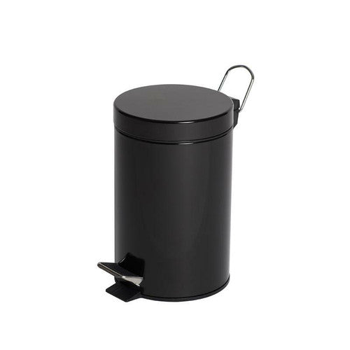 Compass 3L gloss black powder-coated pedal bin with foot pedal and carry handle, shown closed on white background