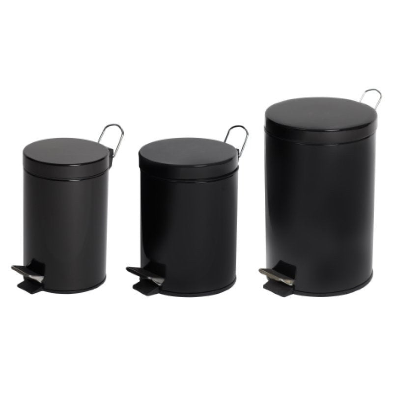 Three Compass round pedal bins in gloss black of different sizes standing side by side, smallest on the left