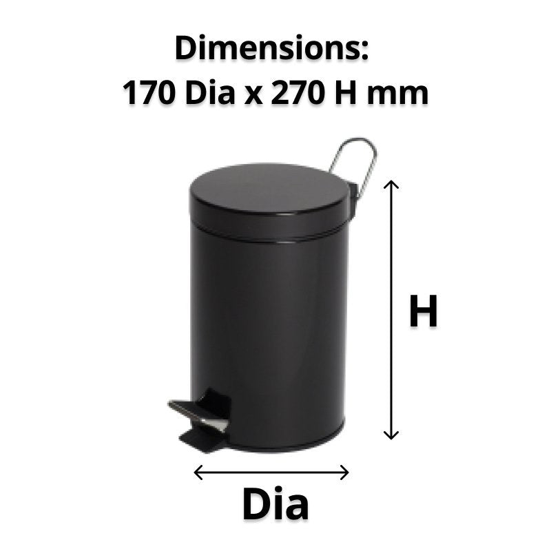 Drawing of the Compass black pedal bin marked Dia and H with the caption Dimensions 170 Dia x 270 H mm