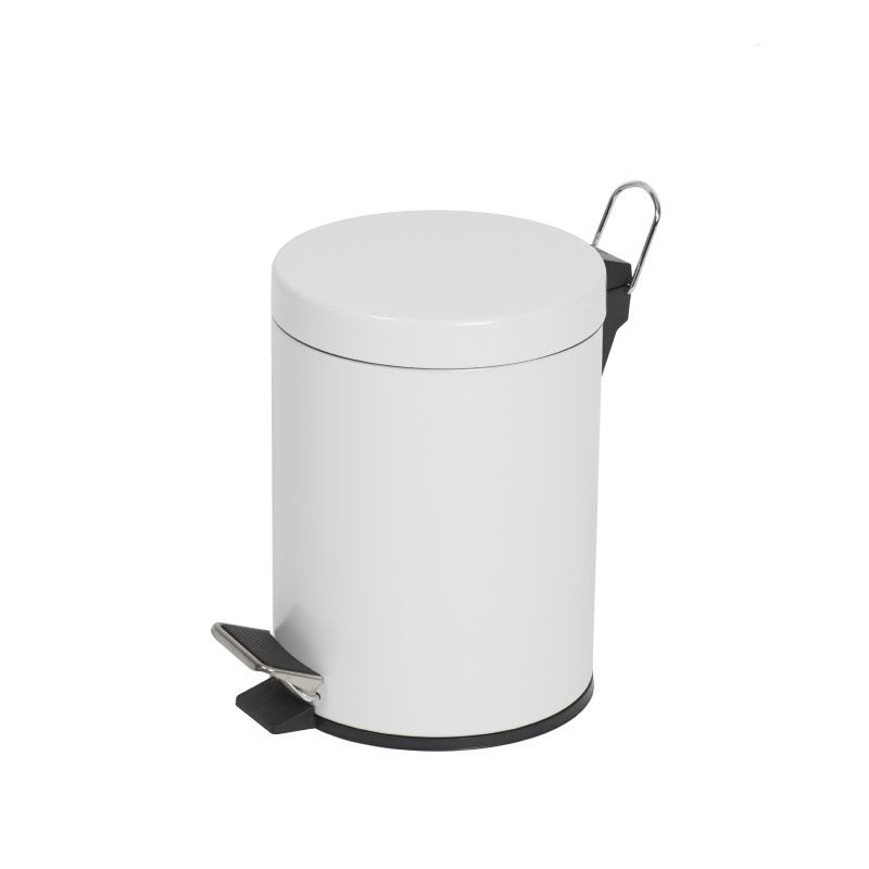 Compass 76990502 white round pedal bin on white, gloss white body and lid, chrome wire handle at the back and a black and chrome foot pedal