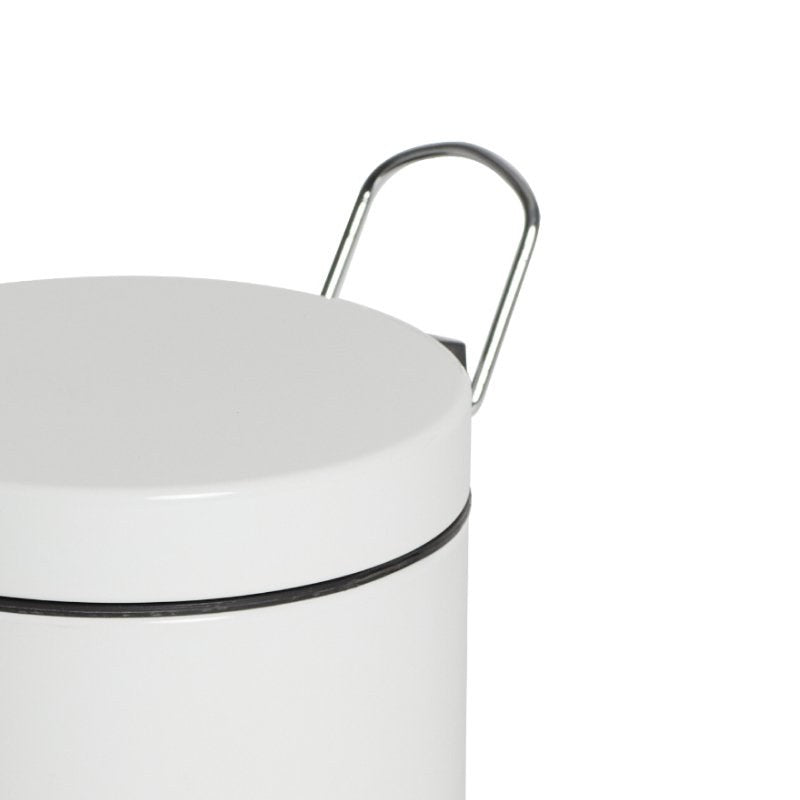 Close view of the top of the Compass white pedal bin showing the domed white lid edge and the chrome wire carry handle