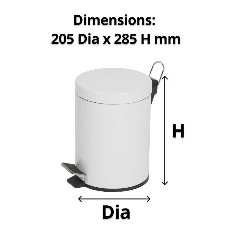 Compass white pedal bin with diameter and height arrows under a caption reading Dimensions 205 Dia x 285 H mm