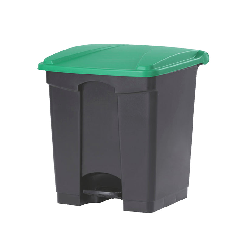 Compass 30L plastic pedal bin shown at an angle on a white background, with a dark charcoal grey moulded body, a bright green hinged lid and a black foot pedal at the base.
