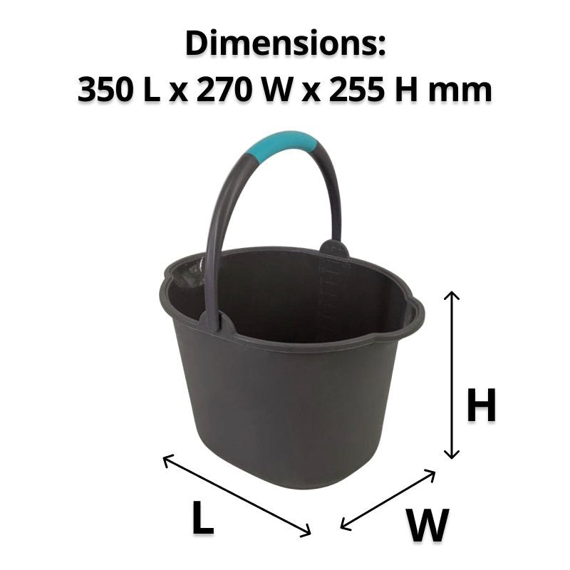 Compass grey bucket with L, W and H arrows under a caption reading Dimensions 350 L x 270 W x 255 H mm