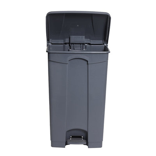 Side angle of Compass 68L grey pedal bin highlighting wide mouth opening and lid
