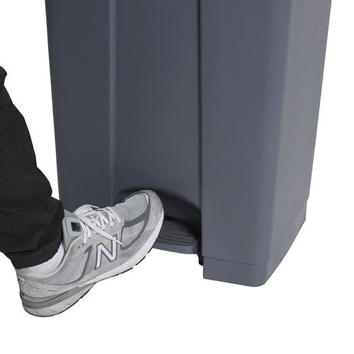 Compass plastic pedal bin shown in a commercial breakroom setting for scale reference