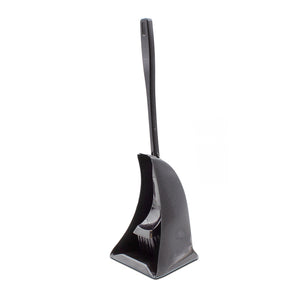 Black plastic Compass toilet brush standing upright in its black wedge shaped holder on a white background