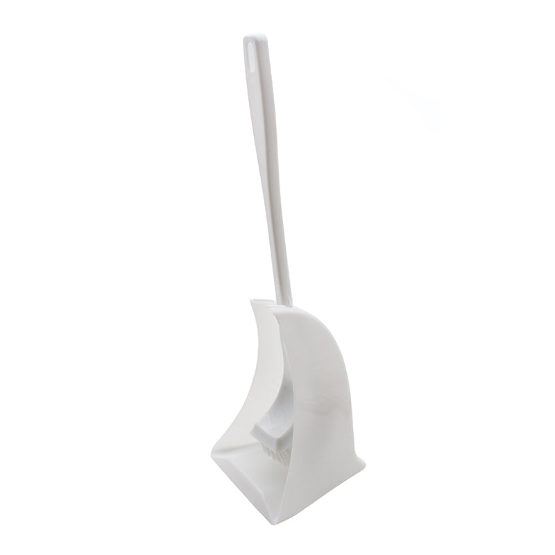 White plastic Compass toilet brush standing in its white wedge shaped holder against a white background