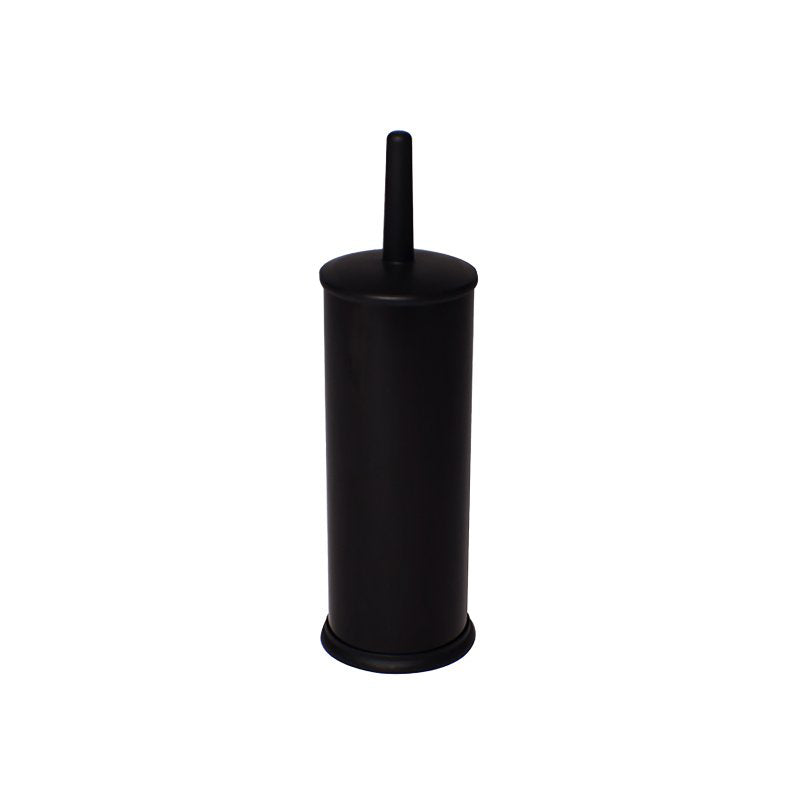 Closed black Compass powder coated toilet brush holder, a slim cylinder with a lid and tapered black handle on top