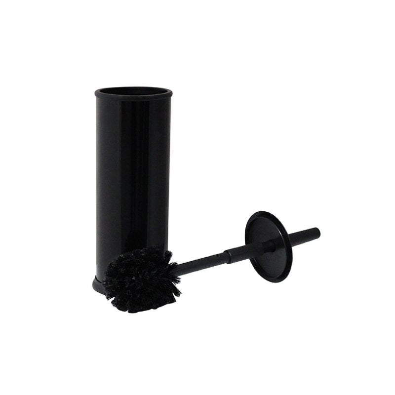 Black cylinder holder standing open with the black brush lying in front, showing the round bristle head and lid disc on the handle