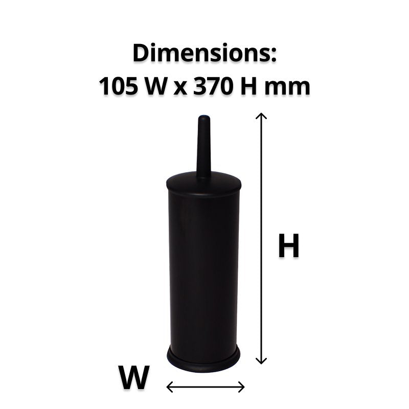Black closed toilet brush holder with arrows marking width and height and the caption Dimensions 105 W x 370 H mm