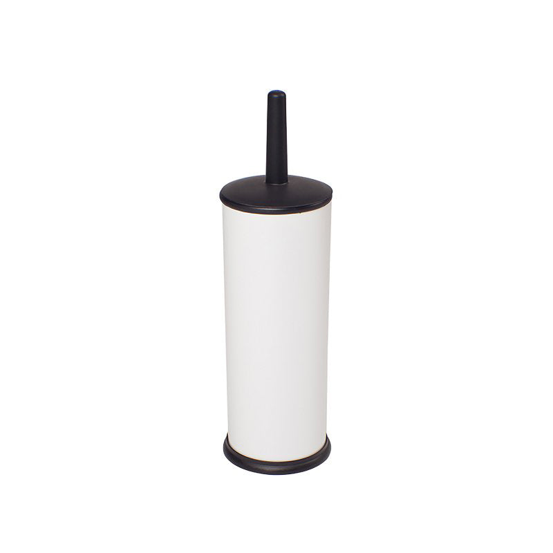 Closed Compass toilet brush holder with a white cylinder, black lid, black base ring and a tapered black handle knob