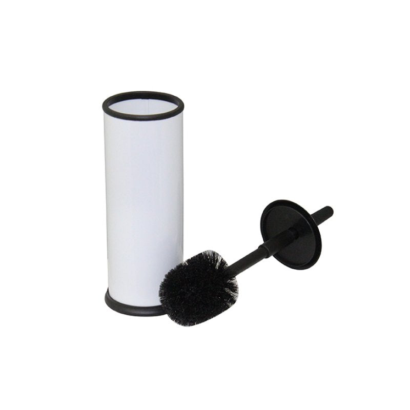 Open white cylinder holder with the black brush lying in front, showing its round black bristle head and the black lid disc on the handle
