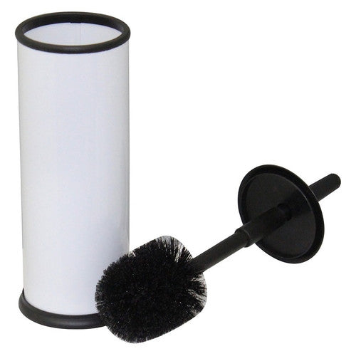 Close-up of Compass white toilet brush head and holder showing powder-coated steel finish