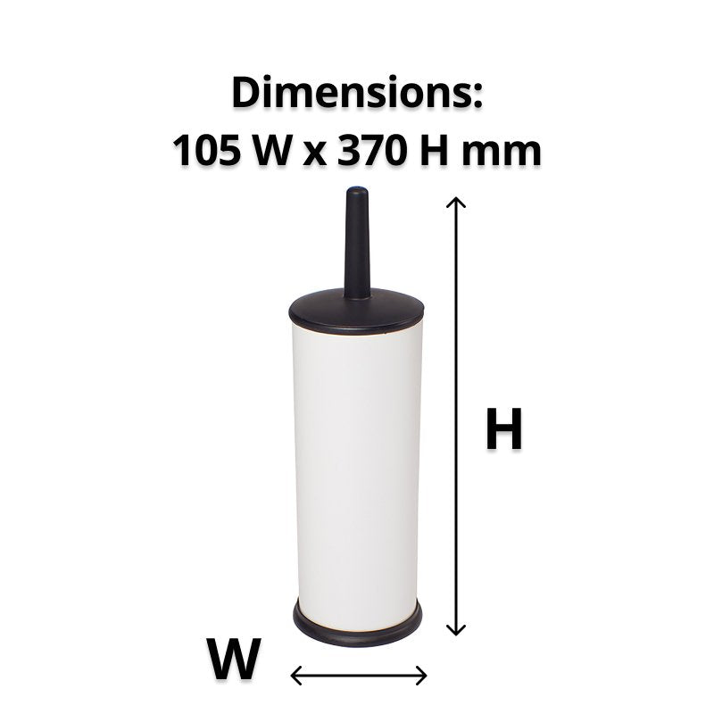 Closed white and black toilet brush holder with arrows for width and height and the caption Dimensions 105 W x 370 H mm