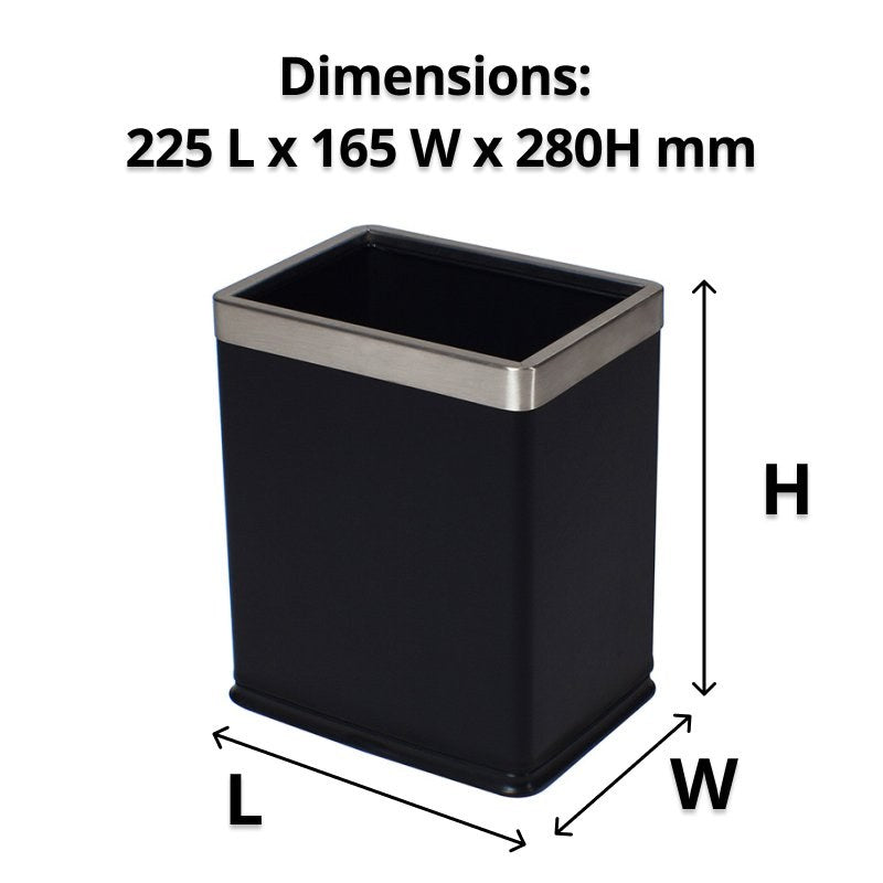 Compass black rectangular bin with L, W and H arrows under a caption reading Dimensions 225 L x 165 W x 280H mm