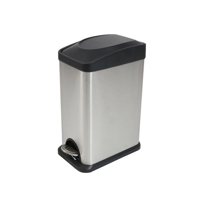 Compass 769715 rectangular brushed stainless steel pedal bin on white with a black lid, black base and a chrome pedal at the front