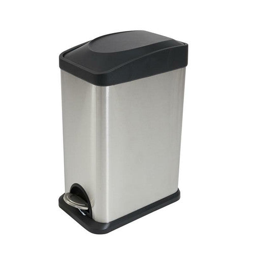 Compass 15L rectangular brushed stainless steel pedal bin with black plastic trim, front view