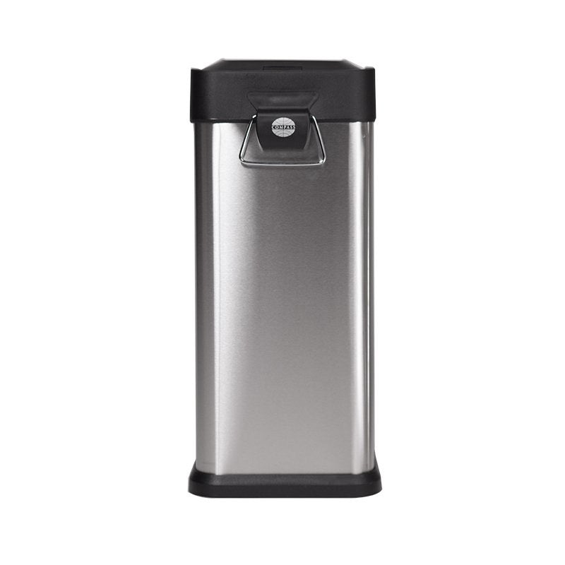 Rear view of the Compass rectangular pedal bin showing the black lid hinge, the carry handle and the brushed steel back panel