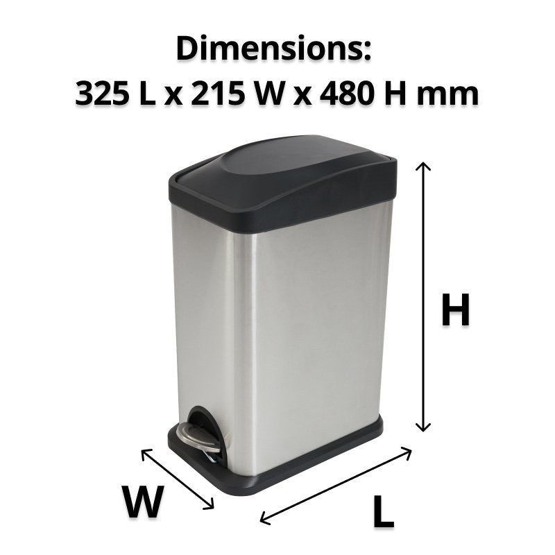 Compass rectangular pedal bin with L, W and H arrows under a caption reading Dimensions 325 L x 215 W x 480 H mm