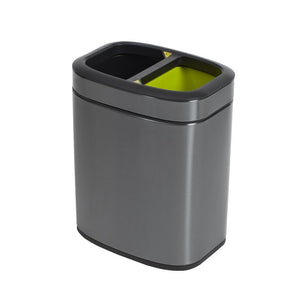 Compass 7621051 titanium finish rectangular recycle bin on white with a black top frame over a black and a lime green inner bin
