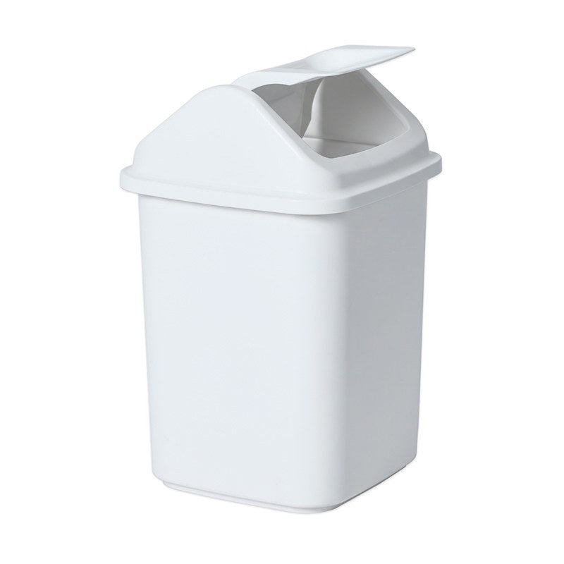 Compass 7640202 white plastic rectangular swing top bin on white, domed lid with the flap tilted open