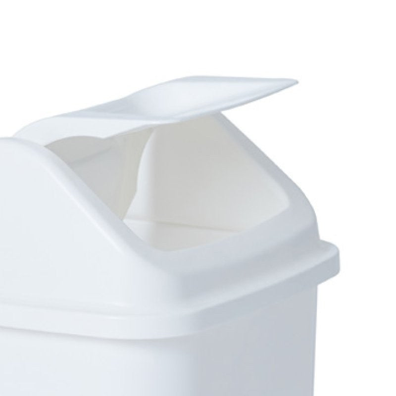 Close view of the domed lid of the Compass white swing top bin with the swing flap tilted open
