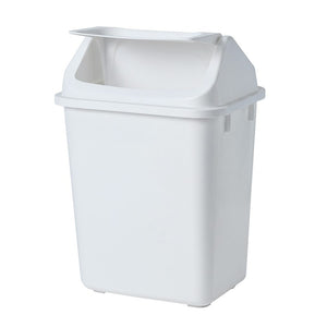 Compass 7640302 tall white plastic swing top bin on white, domed lid with the flap tilted open and slots near the top of the body