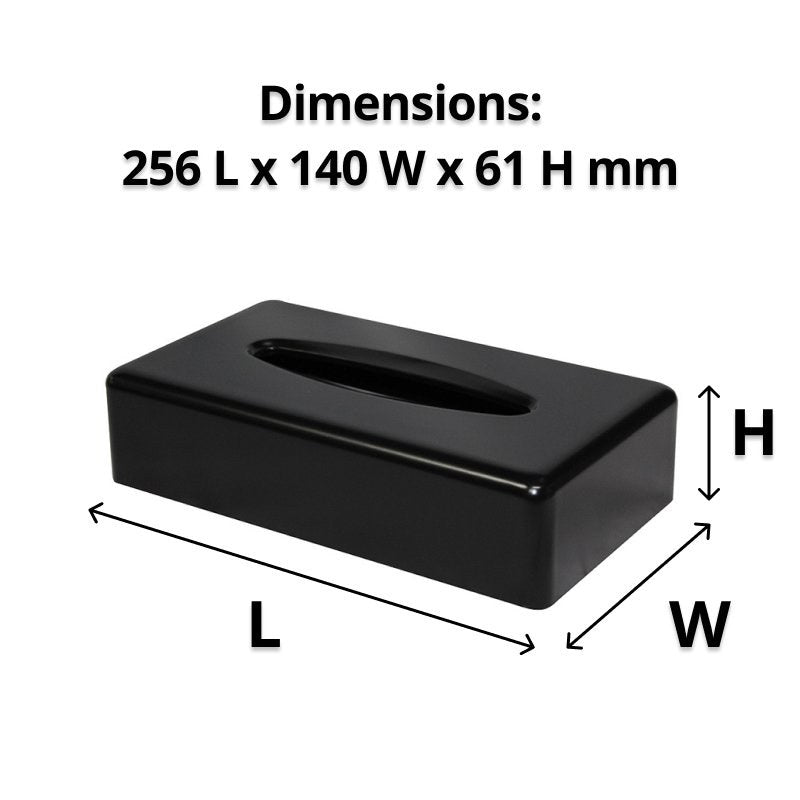 Black Compass rectangular tissue cover with length, width and height arrows under a caption reading Dimensions 256 L x 140 W x 61 H mm