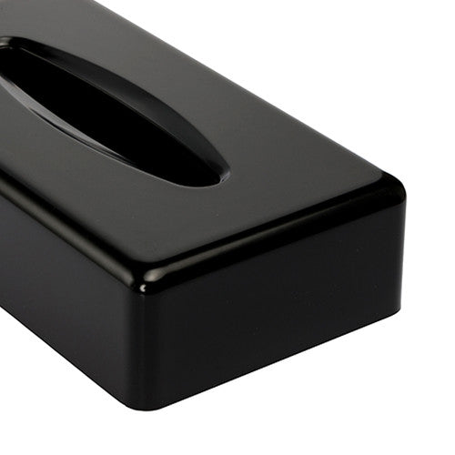 Top-down angle of Compass matte black rectangular tissue box cover showing open slot and base