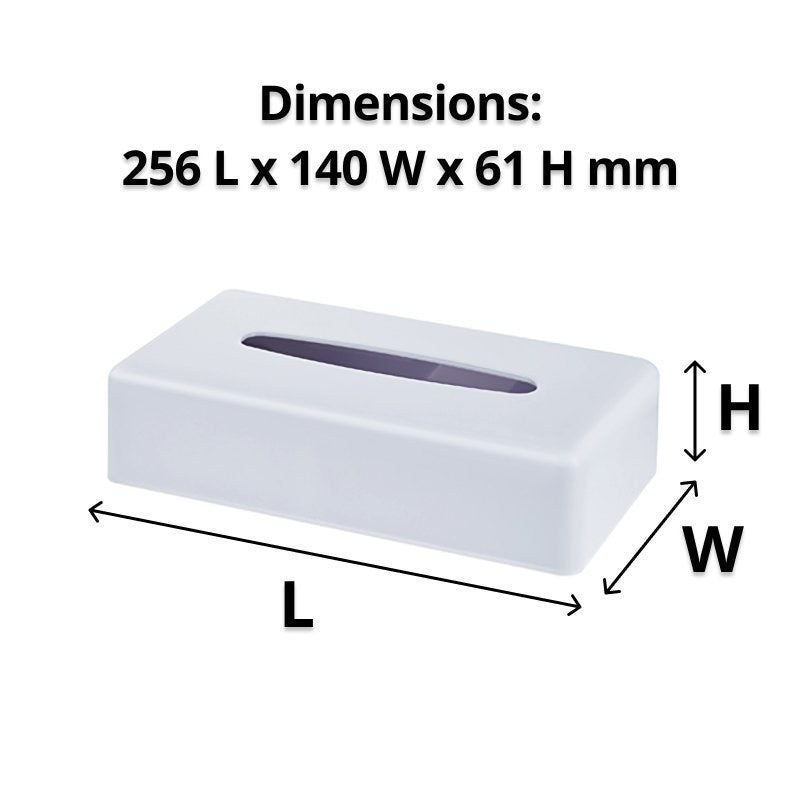 White Compass rectangular tissue cover with length, width and height arrows under a caption reading Dimensions 256 L x 140 W x 61 H mm