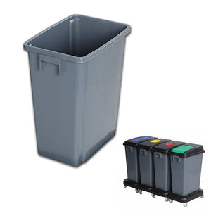 Compass 7606010 grey 60 litre bin body with no lid, with an inset of four grey bins wearing blue, yellow, green and red lids on castor bases