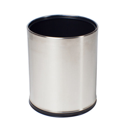 Compass 10L round brushed stainless steel bin with black liner, front view on white background