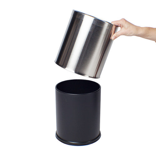 Close-up of Compass stainless steel bin showing brushed finish and rubber base rim