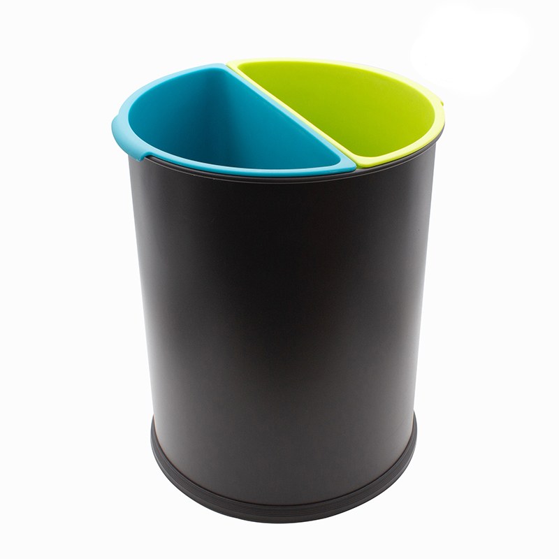 Compass 762145 round black powder coated bin on white with a teal blue and a lime green half round insert side by side at the top
