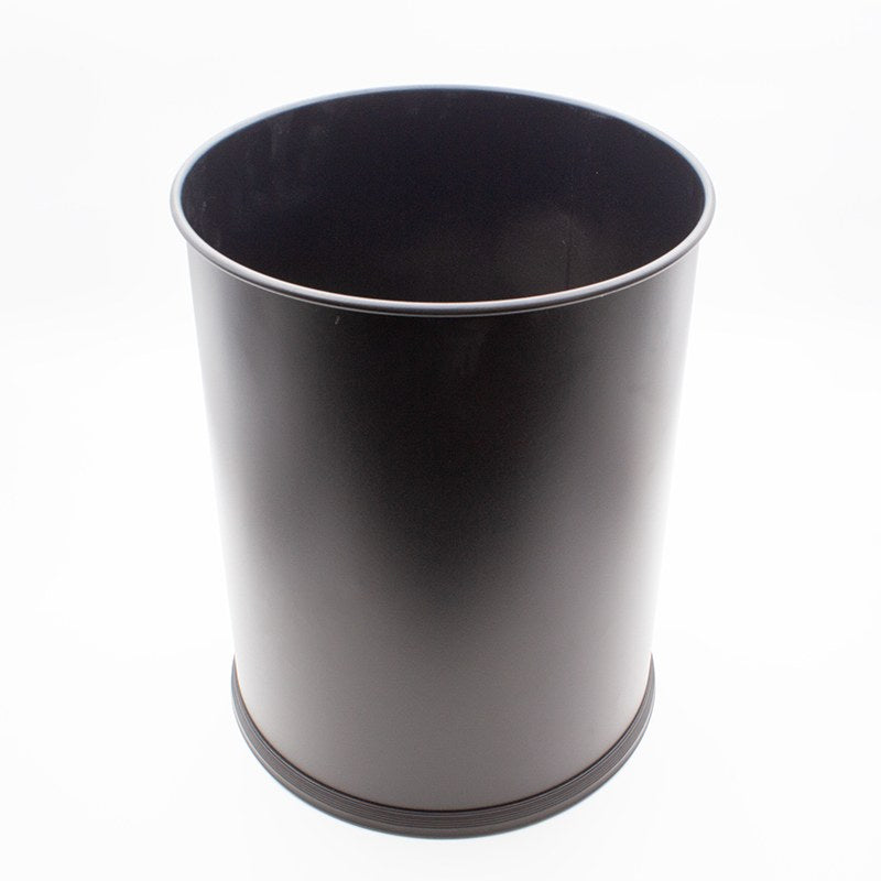 Empty black powder coated round shell of the Compass dual chamber bin with its black rubber base ring
