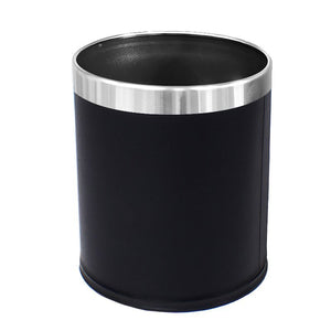 Compass 769445LB round black leatherette bin on white with a brushed stainless steel band at the rim and the black liner visible inside