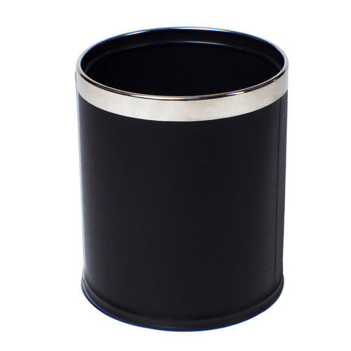 Compass round black leatherette bin with brushed stainless steel rim, front view on white background