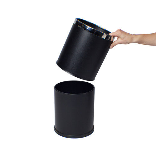 Compass 10L leatherette bin with removable powder-coated steel liner shown beside outer shell