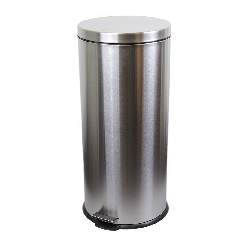 Compass 769930 tall round brushed stainless steel pedal bin on white, front view with the pedal on a black base
