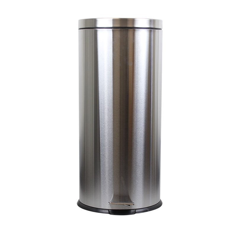 Compass 30 litre round stainless pedal bin seen from the front at a slight angle, showing its tall narrow body