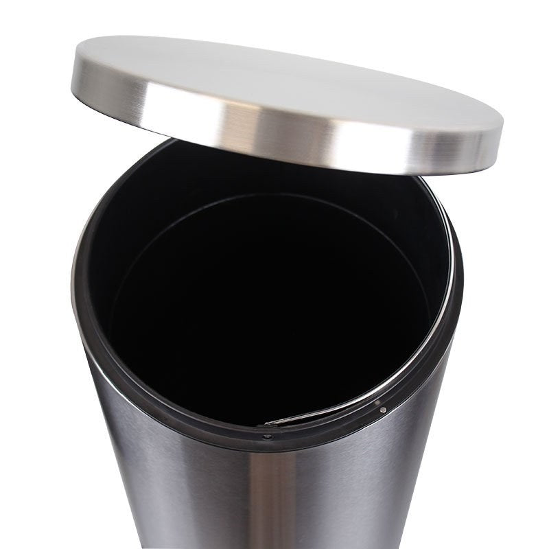 Compass 30 litre stainless pedal bin from above with the lid raised, showing the black plastic liner inside