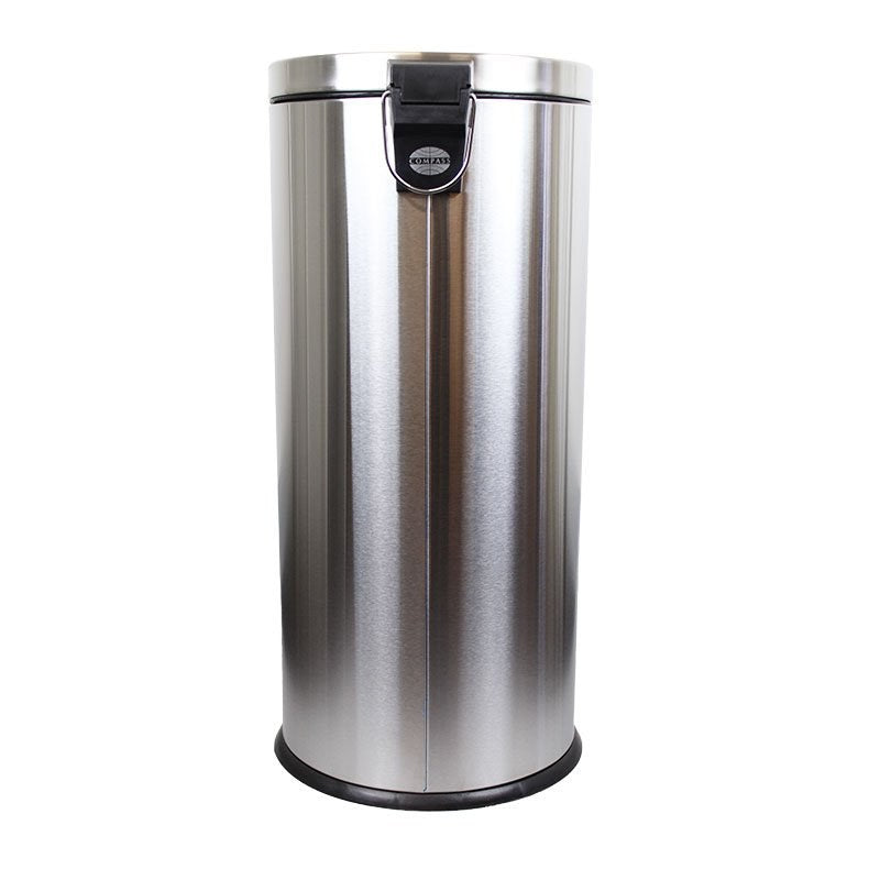 Rear view of the Compass 30 litre stainless pedal bin showing the black lid hinge at the top of the body