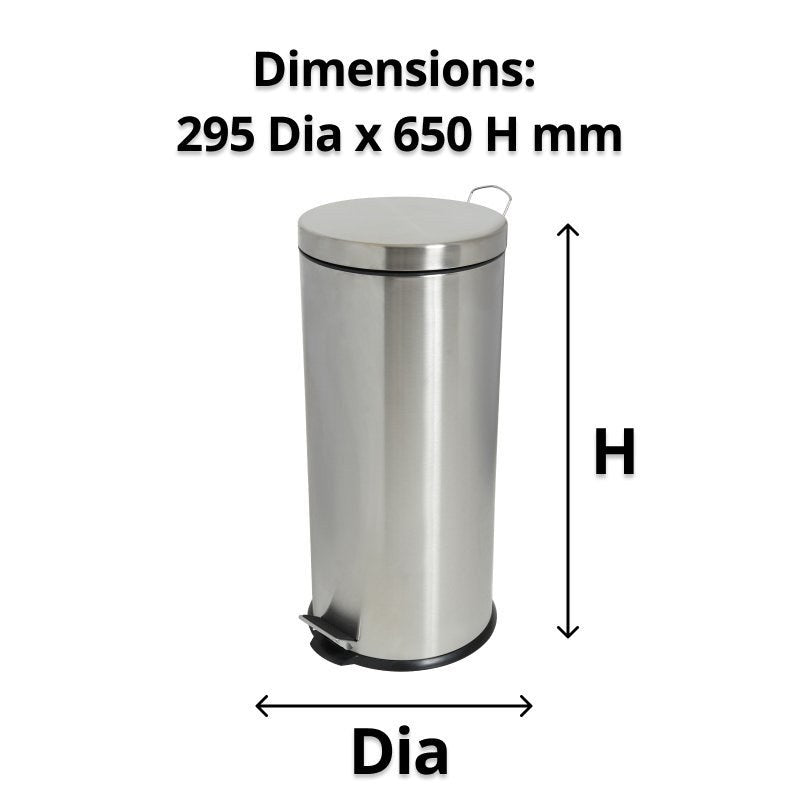 Compass 30 litre stainless pedal bin with diameter and height arrows under a caption reading Dimensions 295 Dia x 650 H mm