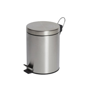 Compass 769905 small round brushed stainless pedal bin on white with a chrome wire handle and a foot pedal on a black base