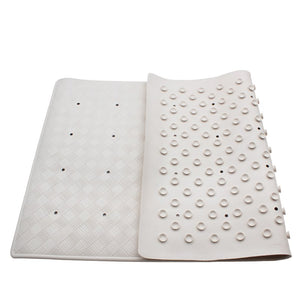 Compass large off-white rubber bath mat with one end folded back to show the rows of small round rubber cups on the underside