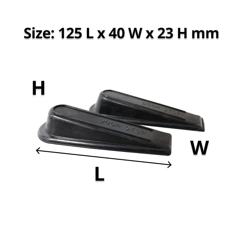 Two black door wedges with arrows marking length, width and height and the caption Size 125 L x 40 W x 23 H mm
